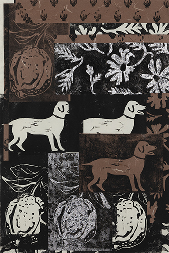 大竹 笙子 檸檬4個と3匹の⽝ 2025 48.3×33.0cm モノタイプ、コラージュ