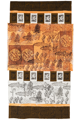 大竹 笙子 惑星道中 I 2025 250.0×146.0cm 布に木版画、コラージュ