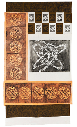 大竹 笙子 惑星道中 Ⅱ 2025 250.0×146.0cm 布に木版画、コラージュ