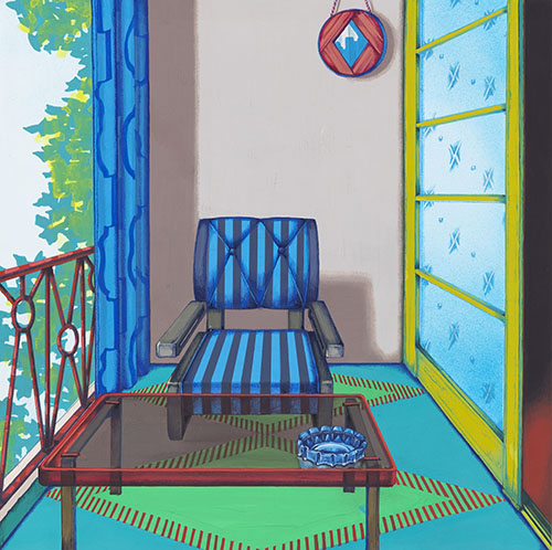 Meo SAITO Sunroom with Stripes-1 2024 28x28cm / frame: 52x52cm Acrylic gouache on paper